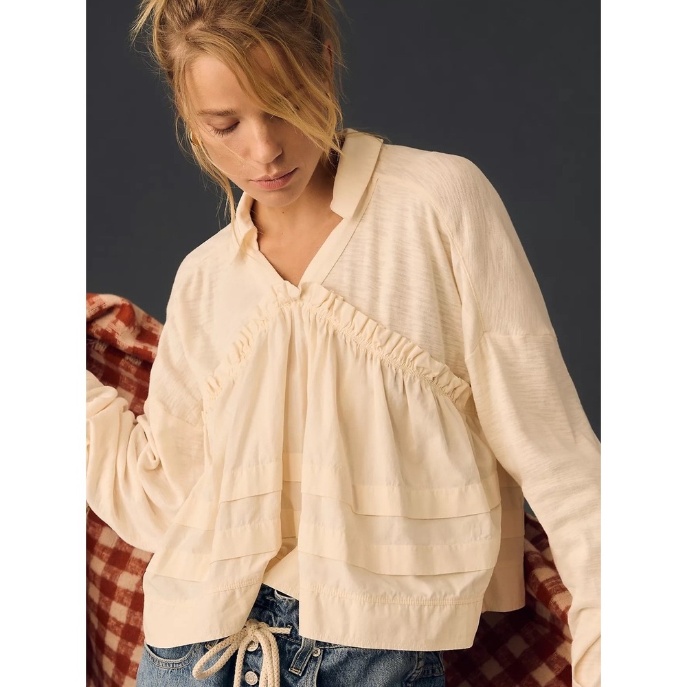 Anthropologie Pilcro Cream Long-Sleeve V-Neck Ruffled Babydoll Top XS - Picture 1 of 13